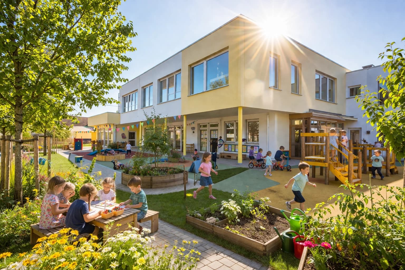 Záhrada škôlky, ráno